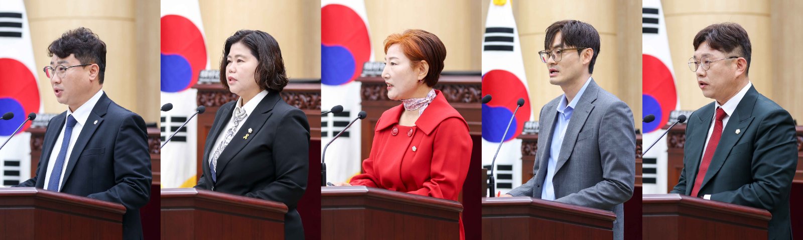 안산시의회가 29일 제306회 제1차 정례회 제2차 본회의를 개최하고, 시정질문과 5분 자유발언을 실시했다. 사진 왼쪽부터 이날 시정질문에 임한 안두회 의원, 5분 자유발언을 한 박은정· 현옥순· 선현우·김태성 의원.